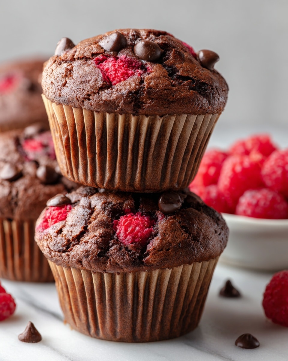 The image shows a close-up of three dark brown chocolate muffins with a rough, textured top sprinkled with melted chocolate chips and small red raspberry pieces inside the muffins. The muffins are in brown paper liners, and the background features a white marbled surface. In the background, there is a white bowl filled with bright red ripe raspberries on the right side and some scattered raspberries and chocolate chips around the muffins. The muffins are the main focus, with blurred details behind them. photo taken with an iphone --ar 4:5 --v 7