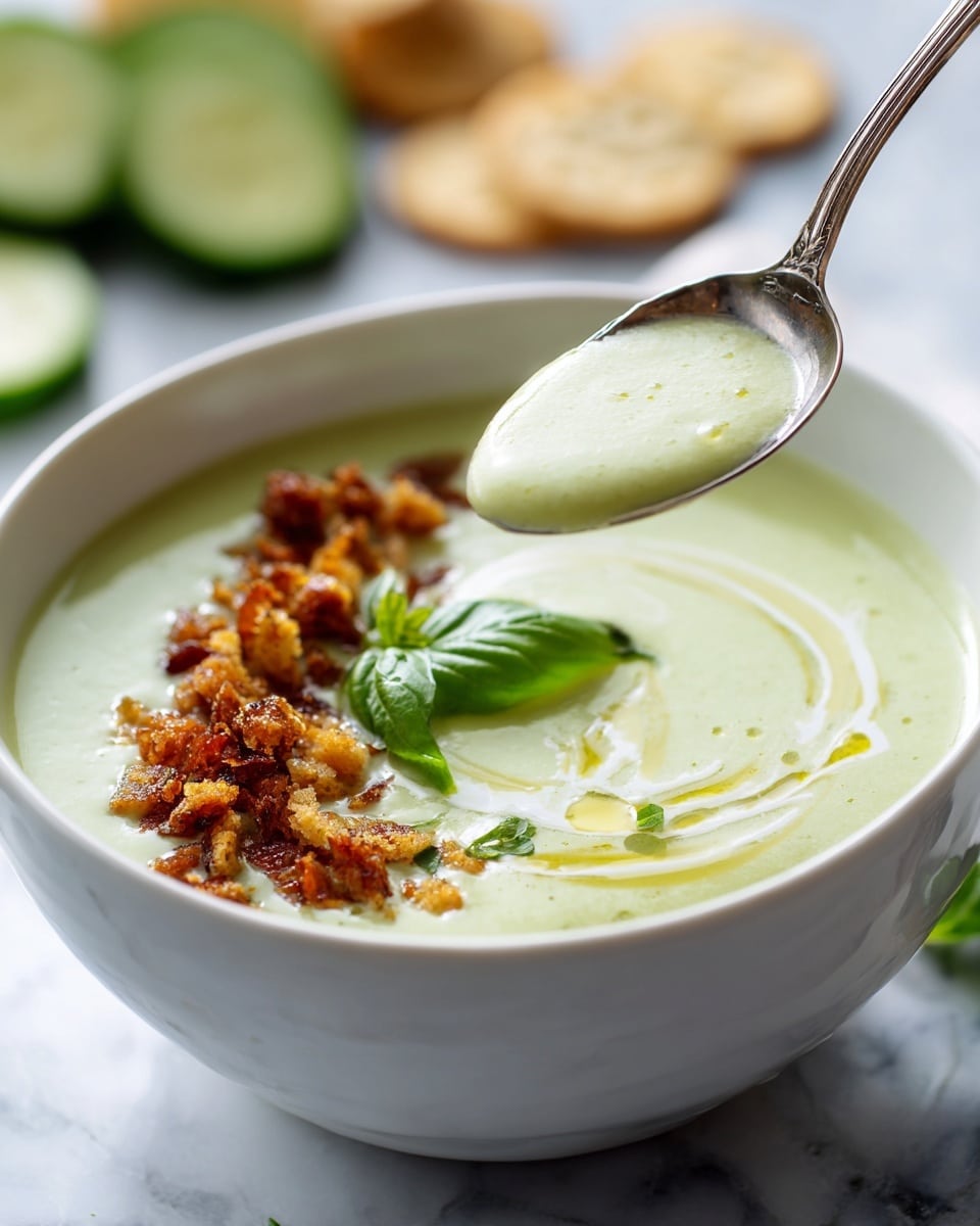 A white bowl filled with smooth, light green creamy soup, showing a thicker texture being lifted by a spoon with a silver handle. On the right side of the soup, there is a topping layer of white cream swirled with golden-brown toasted crispy bits, adding texture and color contrast. A small green leaf garnish rests near the topping. In the background on a white marbled surface, slices of cucumber and a stack of round brown crackers are visible out of focus. photo taken with an iphone --ar 4:5 --v 7