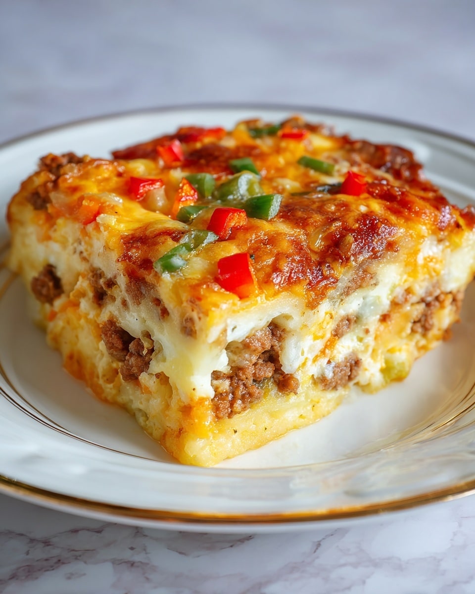 A square piece of casserole sits on a white plate with a gold rim, placed on a white marbled surface. The dish has three visible layers: the bottom layer is a soft, pale yellow base with a slightly textured surface, likely potatoes or eggs; the middle layer contains light brown cooked sausage mixed with translucent, cooked onions; the top layer is golden melted cheese with some crispy, browned spots, scattered with small diced red and green bell peppers. The edges are slightly browned and crispy, adding texture contrast to the soft inside. Photo taken with an iphone --ar 4:5 --v 7