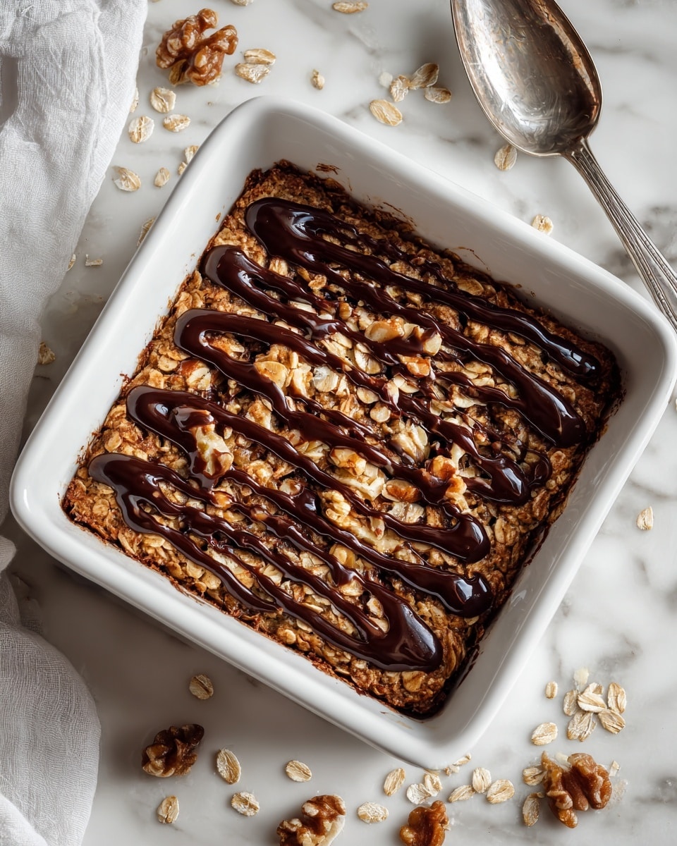 A white rectangular baking dish filled with a layered dessert that has a base of golden brown oats mixed with nuts and seeds, topped with a drizzle of dark chocolate in a zigzag pattern covering the entire surface. The dish is placed on a white marbled textured countertop, with scattered oats around it. A silver spoon rests beside the dish, and soft natural light comes from the left side. Photo taken with an iphone --ar 4:5 --v 7