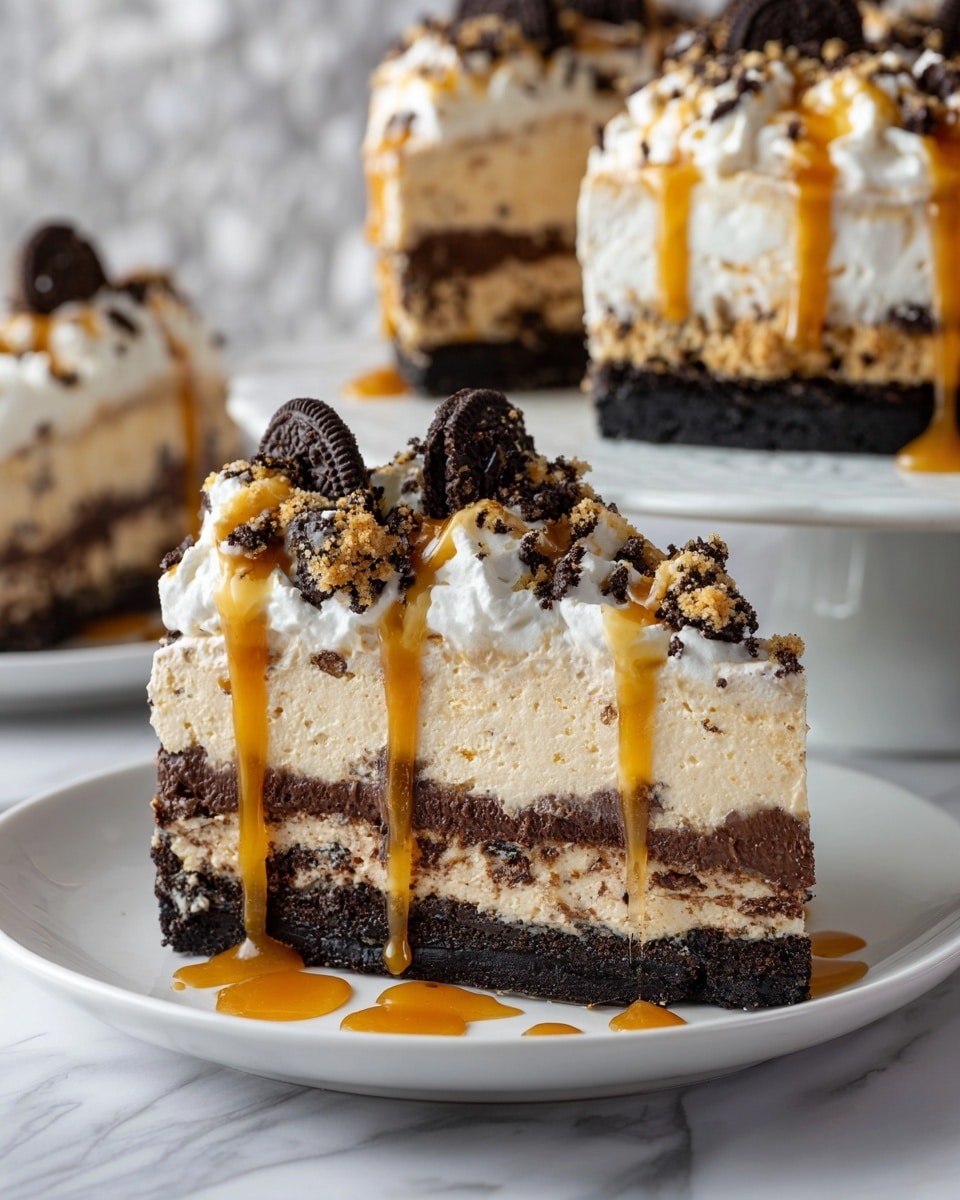 A slice of layered dessert on a white plate with a white marbled texture surface. The bottom layer is dark, crumbly cookie crust, followed by a creamy light beige cheesecake layer with visible Oreo cookie bits, then another dark Oreo crumb layer, topped with fluffy white whipped cream dollops with small Oreo crumbs sprinkled on them. The dessert is generously drizzled with thick golden caramel sauce that slightly drips down the sides and onto the plate. In the background, parts of another dessert and a blurred blue Oreo package can be seen. Photo taken with an iphone --ar 4:5 --v 7