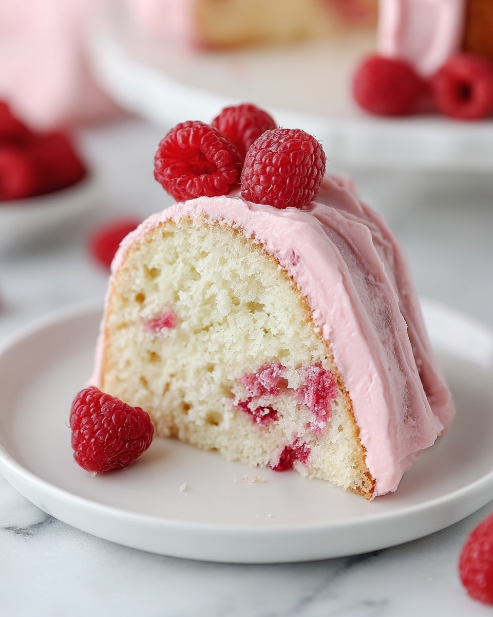 A close-up view of a slice of light yellow sponge bundt cake with three red raspberries baked inside near the bottom center, topped with a thick layer of smooth light pink frosting covering the outer curve, with two fresh raspberries placed on top of the frosting near the top edge; one whole fresh raspberry sits in front at the base on the white plate, which is set on a white marbled surface with soft light in the background. photo taken with an iphone --ar 4:5 --v 7