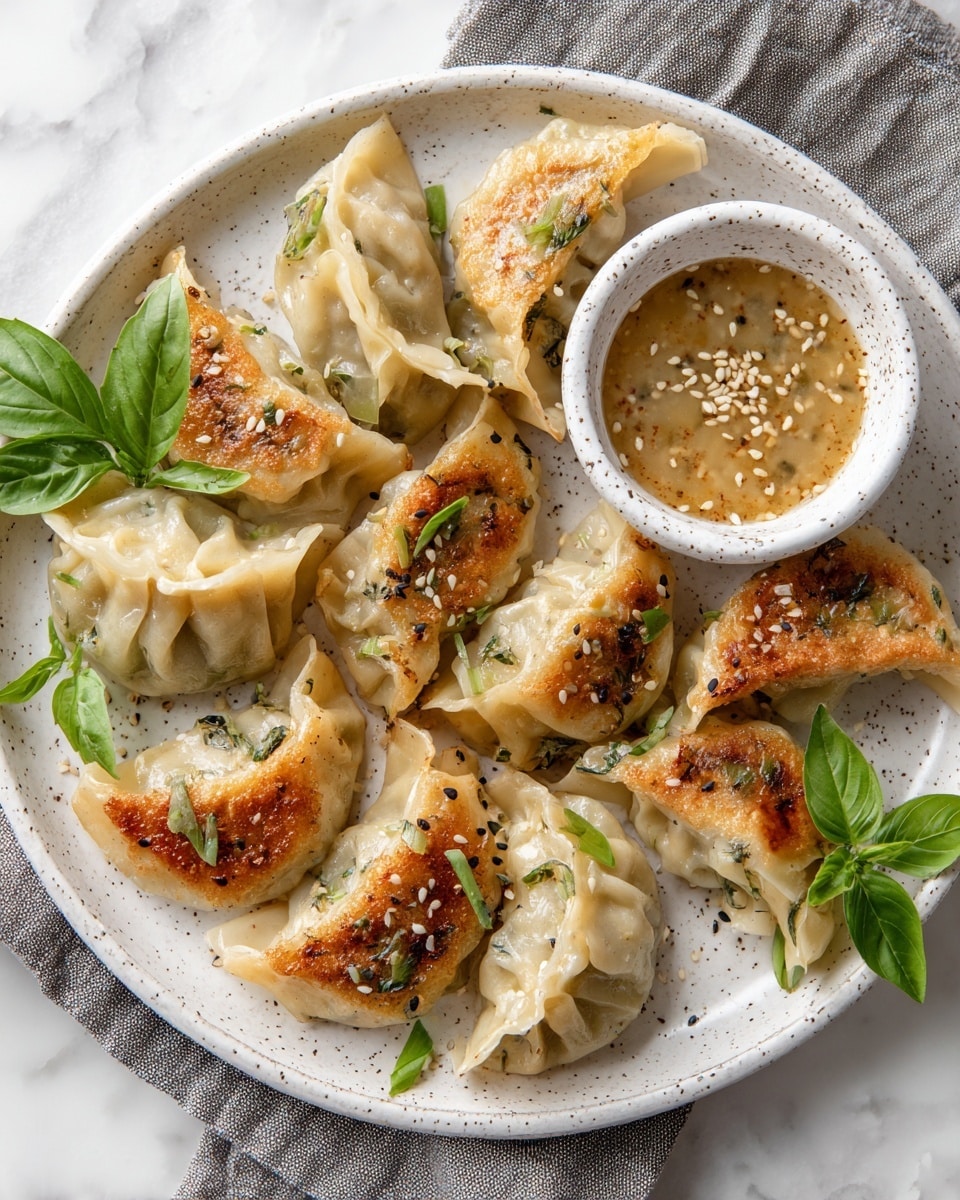 A white round plate with about ten pan-fried dumplings arranged in a loose circle, each dumpling showing a crispy golden brown bottom and translucent, slightly wrinkled dough on top. Small green herb pieces are scattered on the dumplings, and fresh bright green basil leaves rest on the side for garnish. In the center right of the plate, a small white bowl filled with a smooth, light brown dipping sauce is visible, sprinkled with sesame seeds and tiny herb bits. The plate sits on a dark gray textured cloth on a white marbled surface, and the lighting is soft, highlighting the textures and warm colors of the dumplings. Photo taken with an iphone --ar 4:5 --v 7