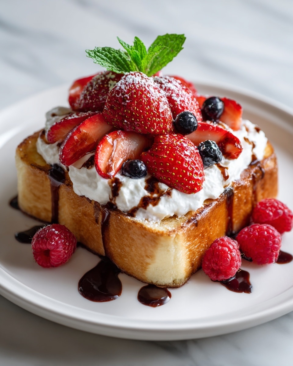A thick slice of toasted bread with a golden brown crust forms the base, topped with a thick layer of white whipped cream. On top of the cream, there are fresh whole strawberries, sliced strawberries, blueberries, and raspberries, arranged densely and scattered around the plate. Dark chocolate sauce is generously drizzled over the berries and cream, dripping down the sides of the toast. A small green mint leaf adds a fresh touch on top, and a light dusting of powdered sugar completes the elegant look. The dish is served on a white plate placed on a white marbled textured surface. photo taken with an iphone --ar 4:5 --v 7