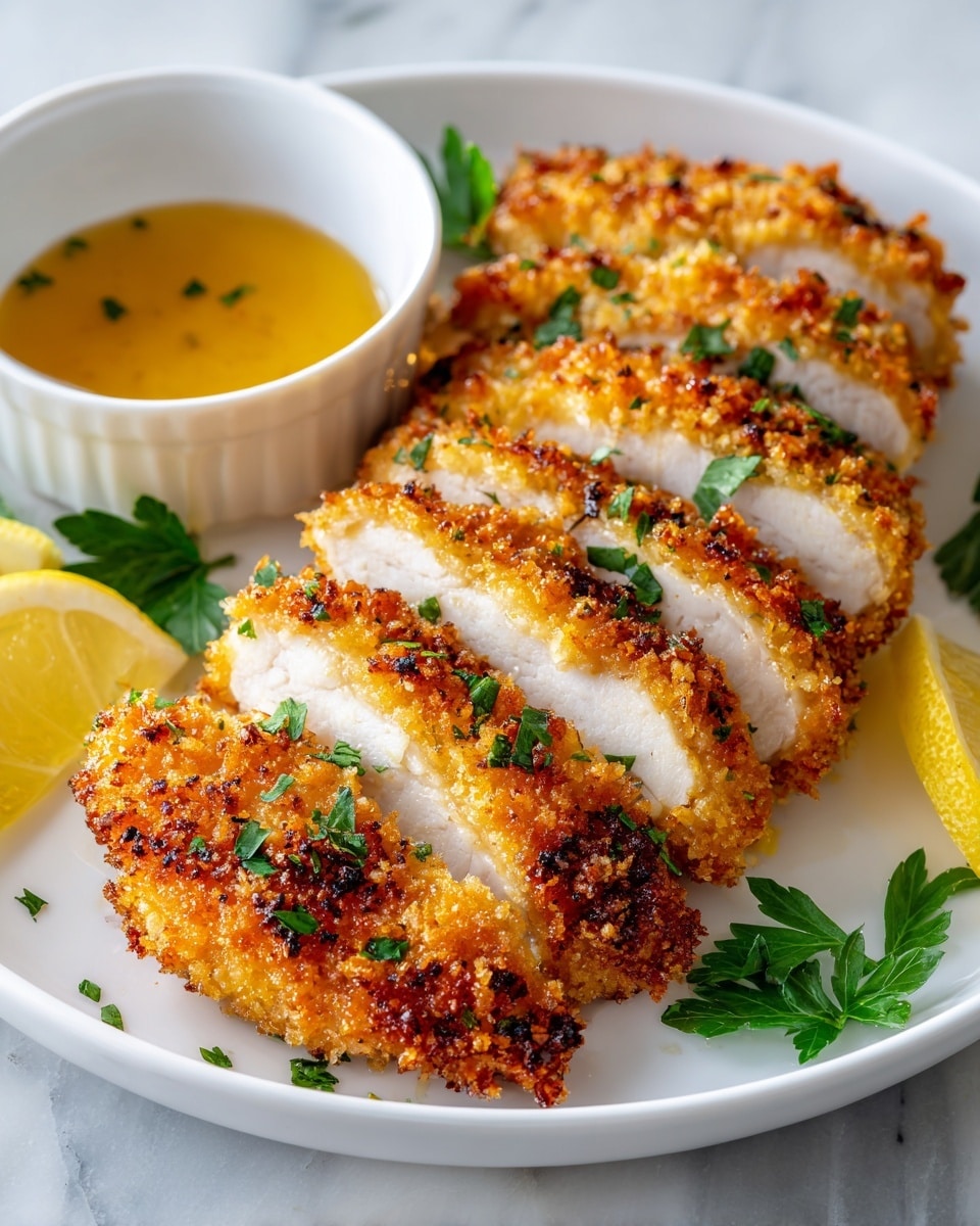A white plate on a white marbled surface holds five golden-brown breaded chicken strips, sliced and laid out side by side with crispy textured edges and tender white meat inside. Bright green parsley leaves are scattered around the chicken for color contrast. To the right of the plate is a small white bowl filled with light brown sauce, garnished with green herbs. Two lemon wedges sit beside the bowl, adding a fresh yellow accent. The image is bright and clear, showing the crunchy texture and juicy meat. Photo taken with an iphone --ar 4:5 --v 7