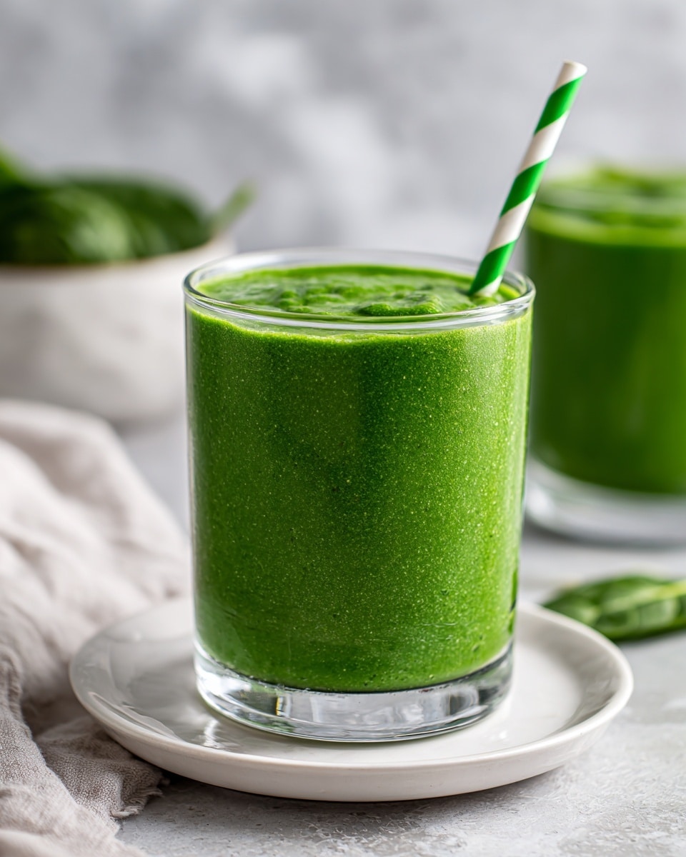 This image shows a tall clear glass filled with a thick, smooth bright green smoothie that has small bubbles visible on the surface. A green and white striped paper straw is placed into the smoothie on the top right side. The glass is set on a white plate with a white marbled textured surface underneath. In the background, there is a second glass also filled with the same bright green smoothie, slightly out of focus. Photo taken with an iphone --ar 4:5 --v 7