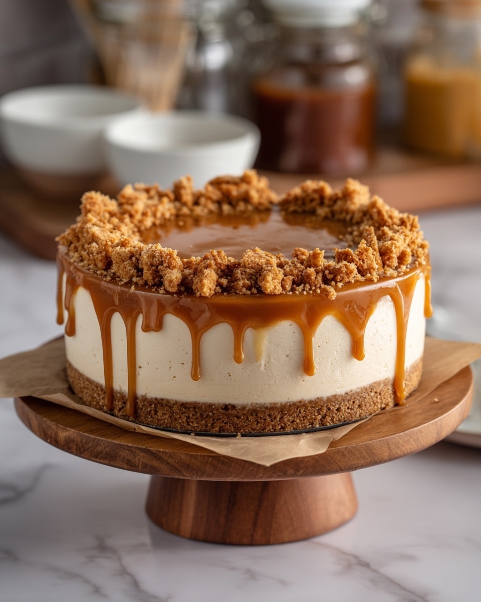 A round cake with three visible layers sits on a piece of parchment on a wooden board. The bottom layer is a dense, crumbly brown crust, the middle layer is a thick, creamy beige filling with a smooth texture, and the top is covered by a shiny caramel glaze that drips slightly down the sides. Around the outer edge of the top, there is a ring of crumbly brown cookie crumbs. The background is a white marbled texture with soft, neutral tones out of focus. Photo taken with an iphone --ar 4:5 --v 7