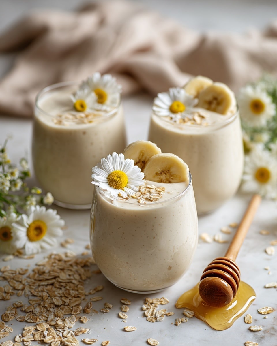 Three clear glasses hold a creamy, pale yellow smoothie with a slightly thick texture. Each glass is topped with a small pile of light brown rolled oats, a fresh banana slice leaning on the rim, and three small white daisies with yellow centers nestled next to the banana slice. The glasses are set on a white marbled surface that is scattered with some rolled oats and a few extra daisies. To the right, there is a honey dipper with golden honey pooling around it. Soft beige fabric and a blurred gray background complete the scene. photo taken with an iphone --ar 4:5 --v 7
