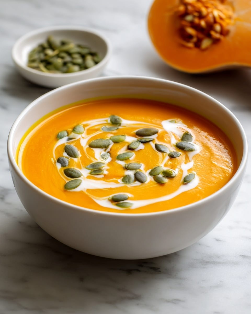 A white bowl filled with smooth, bright orange butternut squash soup topped with a swirl of creamy white sauce and scattered green pumpkin seeds. The bowl sits on a white marbled surface with part of a halved squash and a small white dish of pumpkin seeds blurred in the background. The soup looks thick and velvety with a soft, even texture. Photo taken with an iphone --ar 4:5 --v 7