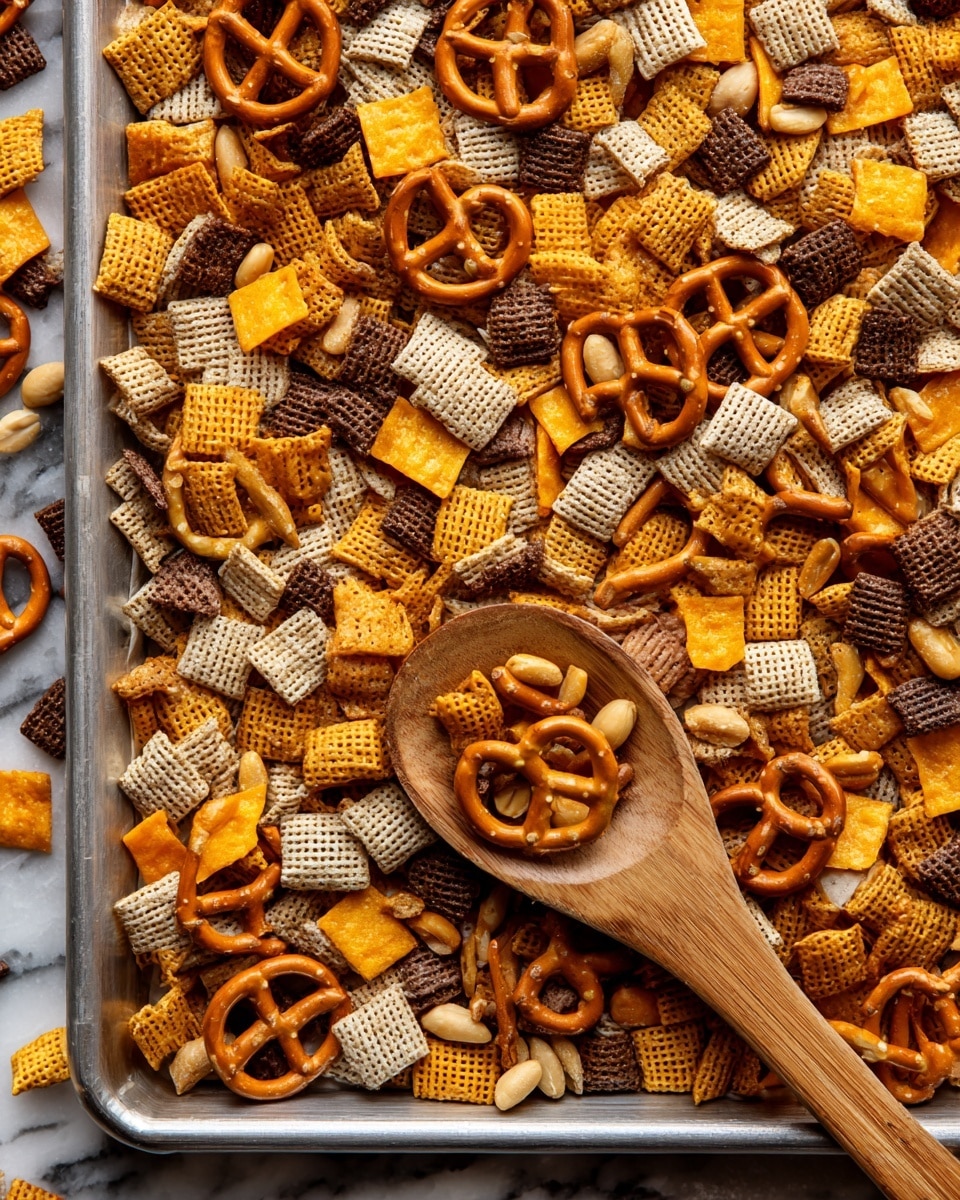 A close-up top view of a snack mix spread out on a baking tray, showing several layers of small crunchy pieces including orange cheese crackers, light beige square cereal, small pretzels, round dark brown chips, and peanuts scattered evenly all over. A wooden spoon filled with a mix of these pieces is placed on the right side, slightly raised, showing a good mix of colors and textures from the pieces. The scene is set on a white marbled surface. Photo taken with an iphone --ar 4:5 --v 7