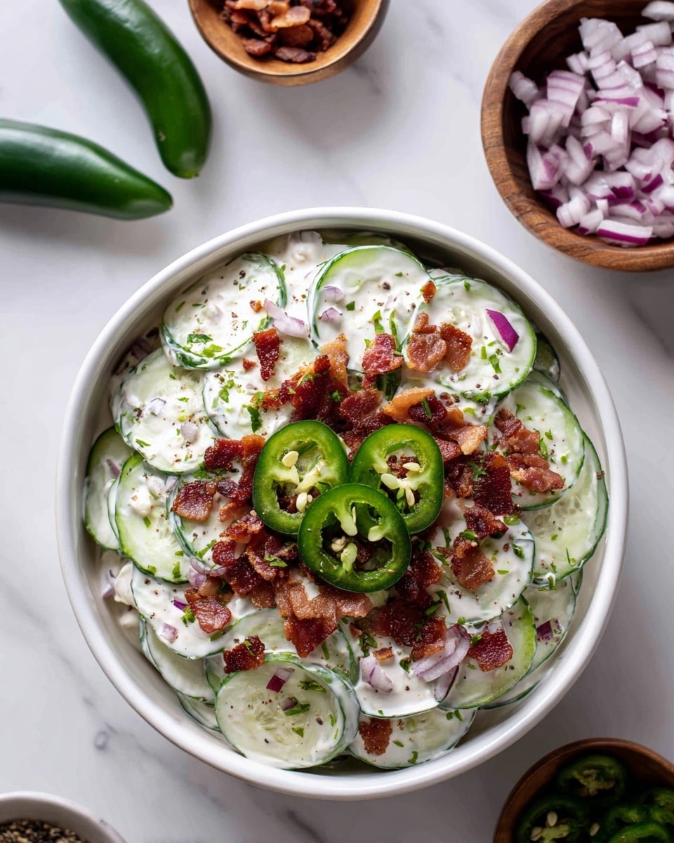 A white bowl filled with thin, round slices of pale green cucumber lightly coated in a creamy white dressing, layered evenly. On top of the cucumber slices, small pieces of crispy reddish-brown bacon and finely chopped purple onion are scattered, adding texture and color. Three green jalapeño slices lie on the cream and cucumber mix, showing their seeds and smooth texture. The bowl sits on a white marbled surface, surrounded by small wooden bowls holding chopped red onions and bacon bits, plus whole and sliced jalapeños near the bowl. A beige cloth is partially visible in the lower right corner. photo taken with an iphone --ar 4:5 --v 7