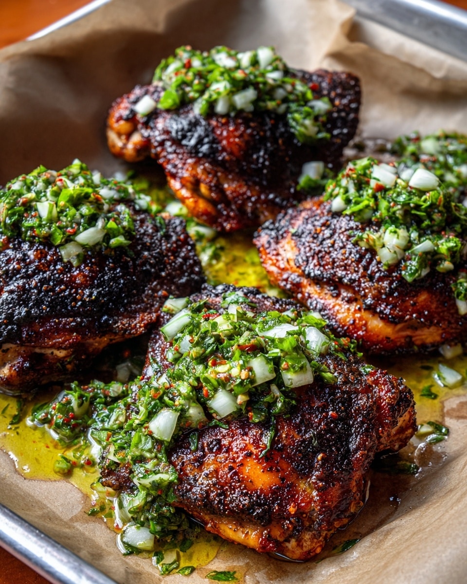 Four grilled chicken thighs with a dark brown and slightly blackened crispy skin are laid out in a metal tray lined with light brown parchment paper. Each piece is topped with a bright green sauce made of chopped herbs, finely diced white and light green onions, and green chili pieces, mixed in a shiny yellow oil that pools around the chicken. The overall look shows a contrast between the charred, rough texture of the chicken and the fresh, moist texture of the herb salsa covering the top. The image has a sharp, close-up view with natural lighting. Photo taken with an iphone --ar 4:5 --v 7