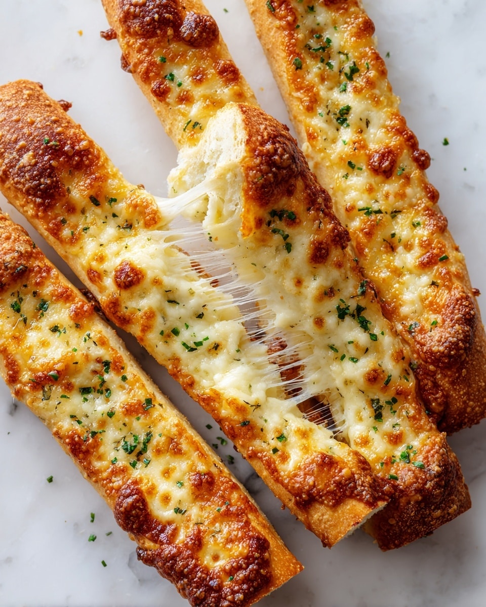 Four long, thick breadsticks with a golden-brown crust sit closely on a white marbled surface. Each breadstick is topped with melted cheese that is lightly browned in spots, sprinkled with small green herb fragments and black pepper. One breadstick is being pulled apart, showing stretchy, gooey melted cheese strands connecting the pieces. The bread texture looks soft inside with a slightly crispy exterior. photo taken with an iphone --ar 4:5 --v 7