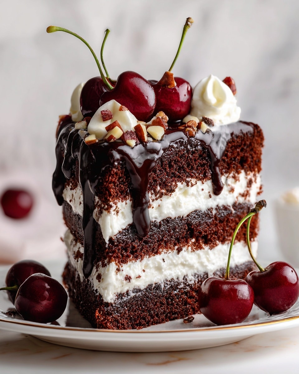 A close-up view of a three-layer chocolate cake slice with thick white cream between each layer and covering the outside. The top layer is decorated with shiny dark cherries, some with stems, and small dollops of white whipped cream. A glossy chocolate ganache drips slightly down the sides, adding a rich texture. More dark cherries are scattered around the base of the cake on a white plate with a thin gold rim. The background is a soft, blurred white marbled texture. photo taken with an iphone --ar 4:5 --v 7