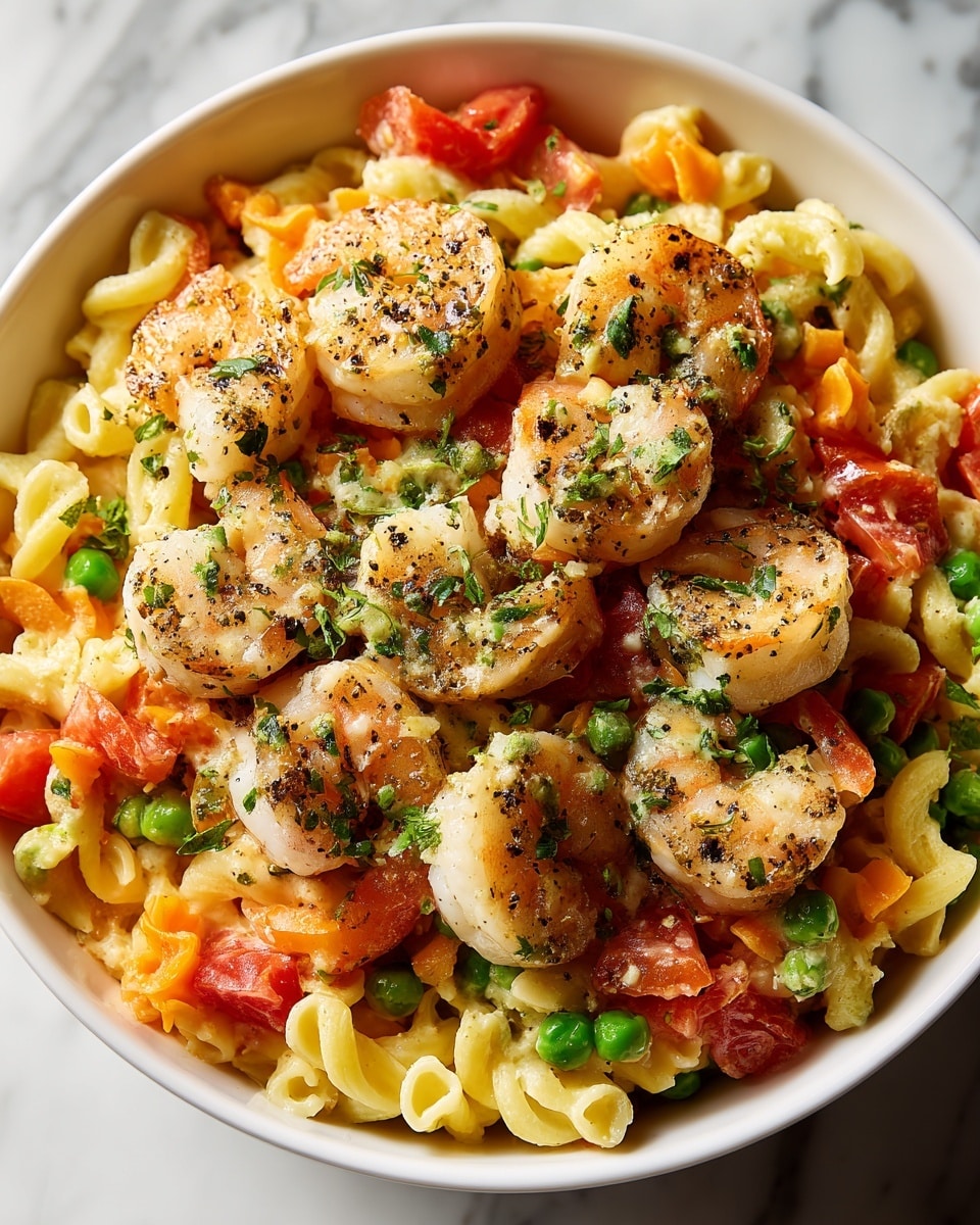 A white bowl filled with a colorful pasta shrimp salad sits on a white marbled textured surface. The bottom layer is a mix of yellow and orange short pasta pieces, with a soft and curly texture. On top, there are bright red tomato chunks and small green peas scattered evenly. The top layer consists of several pinkish-white grilled shrimp, speckled with black pepper and small green herbs, slightly curled and glistening with light oil. The dish has a fresh and vibrant look with contrasting colors and a mix of smooth and firm textures. Photo taken with an iphone --ar 4:5 --v 7
