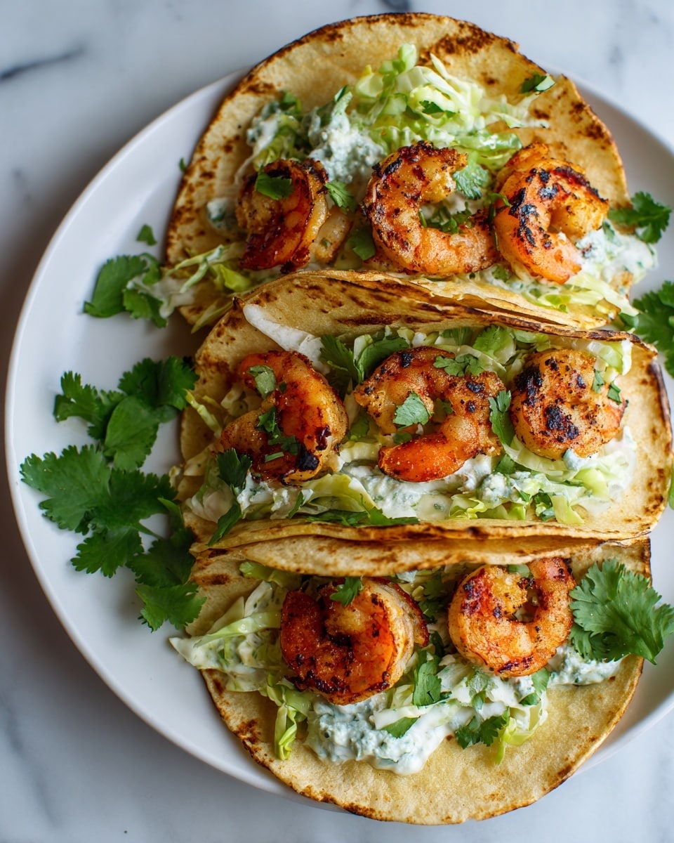 The image shows three tacos on a white plate, each made with a lightly toasted tortilla that has brown grilled spots. Inside each tortilla, there are layers of grilled shrimp with a slightly charred, orange-pink color on top and a creamy, shredded cabbage mixture with fine green herb pieces underneath. The tacos are arranged close together, leaning slightly on one another, and the plate is placed on a white marbled surface. Small bits of green herbs and lime wedges are scattered around the plate, adding a fresh touch. Photo taken with an iphone --ar 4:5 --v 7