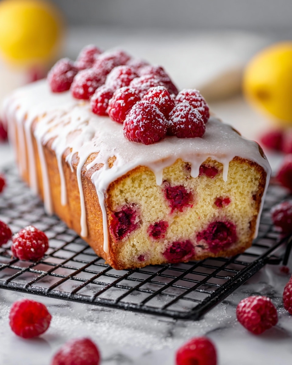 A rectangular yellow cake loaf with a crumbly texture is shown with a thick white glaze dripping down the sides on top. Inside the cake, there are several deep red raspberry filling pockets spread throughout. The top is decorated with fresh red raspberries and a light dusting of powdered sugar. The loaf is placed on a black cooling rack with scattered raspberries around it, all set on a white marbled surface. Photo taken with an iphone --ar 4:5 --v 7