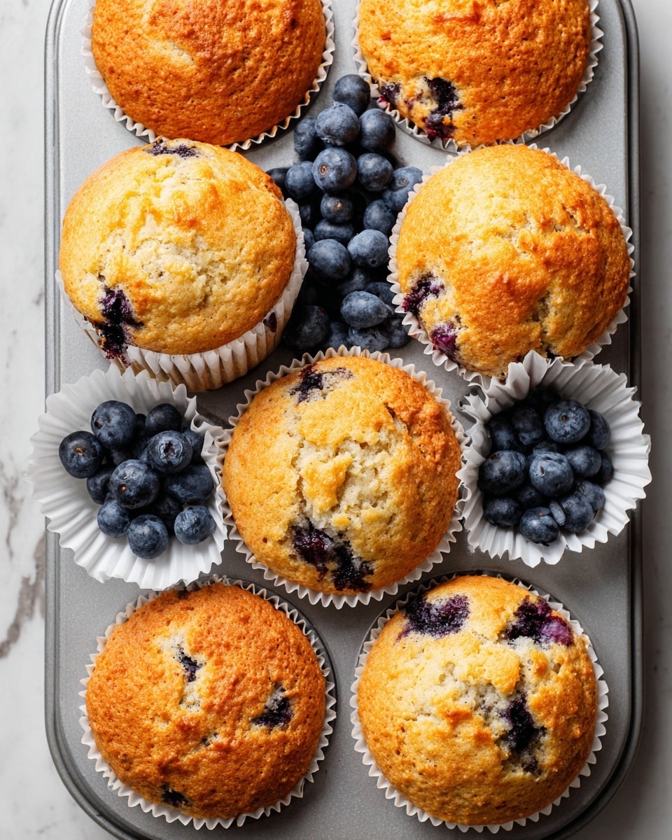 The image shows a close-up of a silver muffin tray filled with ten golden-brown blueberry muffins and two white paper cups filled with fresh blueberries, all placed on a white marbled texture. Each muffin is inside a white paper liner with a slightly crinkled edge, topped with visible whole blueberries that are deep blue and slightly shiny. The muffins have a soft, slightly cracked texture on top, showing a moist and fluffy interior dotted with more blueberries inside. The two paper cups containing fresh blueberries are placed diagonally opposite each other within the muffin tray. photo taken with an iphone --ar 4:5 --v 7