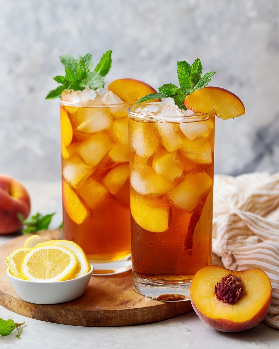 Two tall clear glasses filled with iced peach tea sit on a wooden board over a white marbled surface. Each glass has a base layer of dark amber tea with visible slices of peach inside, topped with a thick layer of clear ice cubes. The glasses are garnished with a bright orange peach wedge and a small bunch of fresh green mint leaves at the rim. In the background, there is a whole peach, a white cloth, and a wooden bowl holding bright yellow lemon slices, all set against a white marbled texture. photo taken with an iphone --ar 4:5 --v 7