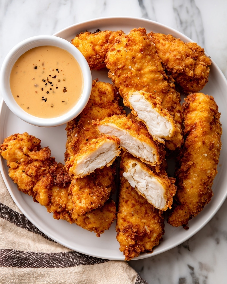 The image shows a white plate filled with seven golden-brown crispy fried chicken tenders, arranged in an inviting, slightly overlapping manner. One tender is cut in half at the front, revealing the juicy, white meat inside, contrasting with the crunchy outside. A small white bowl of creamy, light orange dipping sauce with black pepper specks is placed on the plate near the back left, adding color variety. The plate rests on a white marbled surface, and a beige cloth with dark stripes is partially visible on the bottom left corner. photo taken with an iphone --ar 4:5 --v 7