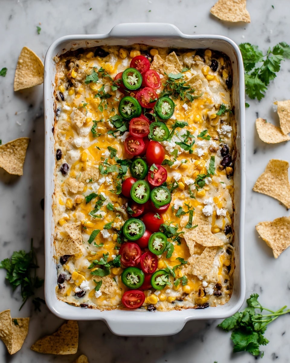 A white baking dish holds a layered casserole with a creamy, slightly browned cheese top sprinkled with black beans and yellow corn visible throughout. In the center top layer, fresh green jalapeño slices, chopped green herbs, bright red cherry tomato halves, and crushed pale yellow tortilla chips form a colorful garnish line across the dish. The edges of the dish show browned, baked cheese residue. The dish rests on a white marbled surface scattered with broken tortilla chips and green herbs, with a green jalapeño pepper visible in the lower left corner. photo taken with an iphone --ar 4:5 --v 7