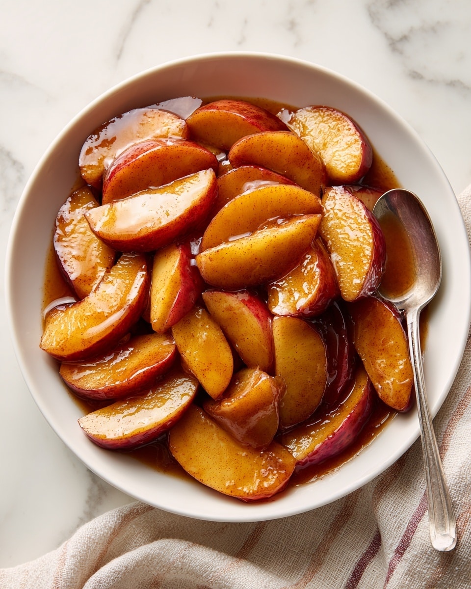 A white bowl filled with multiple slices of cooked apples, each piece golden brown with a shiny glaze and dusted with cinnamon powder, giving a warm and sticky look. The apple slices show red skin edges with soft, tender inner fruit visible. A silver spoon rests in the bowl toward the back, and the bowl sits on a white marbled surface with a hint of a striped cloth napkin on the right side. photo taken with an iphone --ar 4:5 --v 7