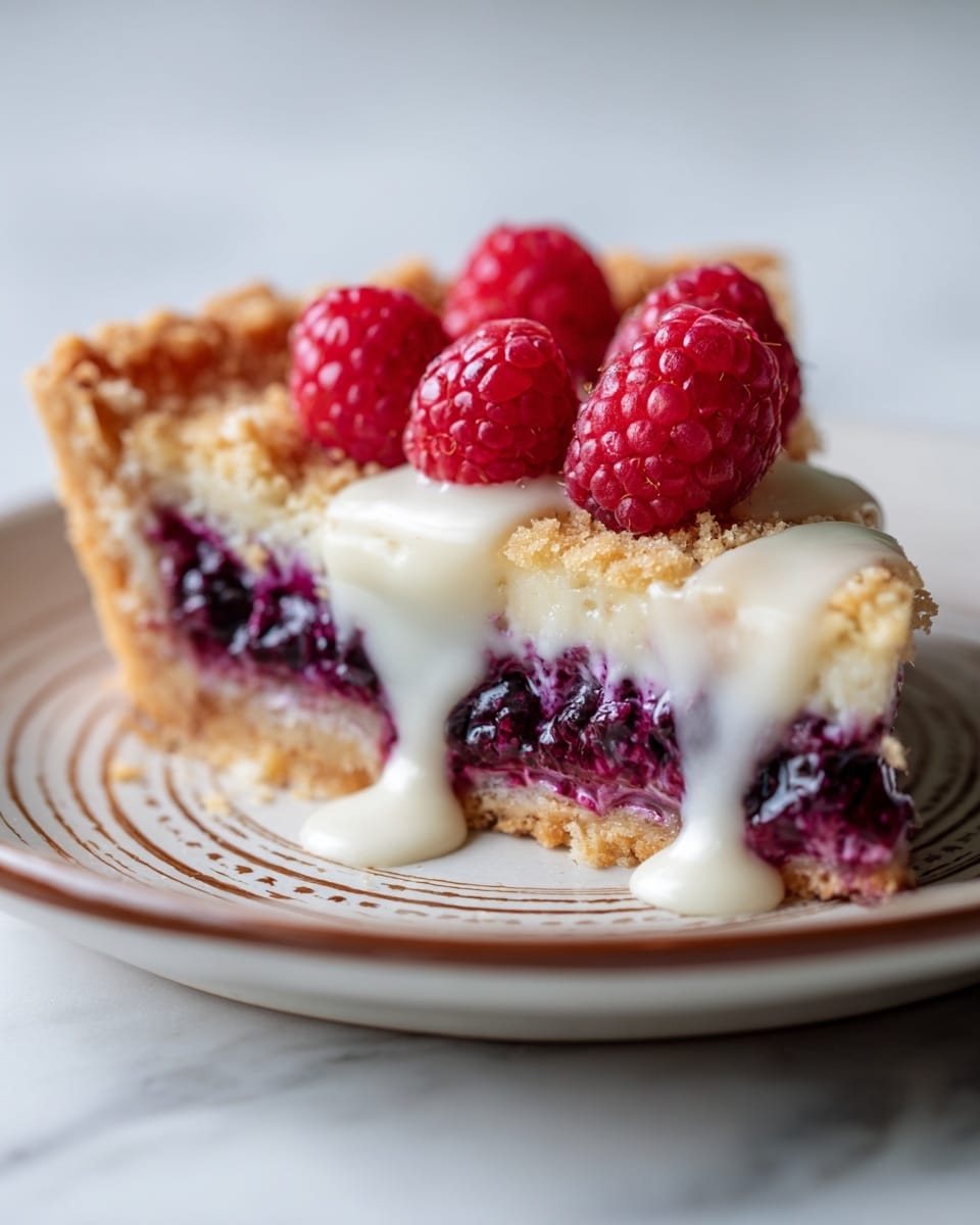 A close-up of a dessert with three layers: the bottom layer is a golden-brown pastry with a thick, chunky dark red berry filling in the middle, the top layer is a smooth, creamy white sauce slowly dripping down the sides, and four fresh red raspberries placed on top. The dessert sits on a white plate with a brown floral pattern, placed on a white marbled texture. The photo taken with an iphone --ar 4:5 --v 7