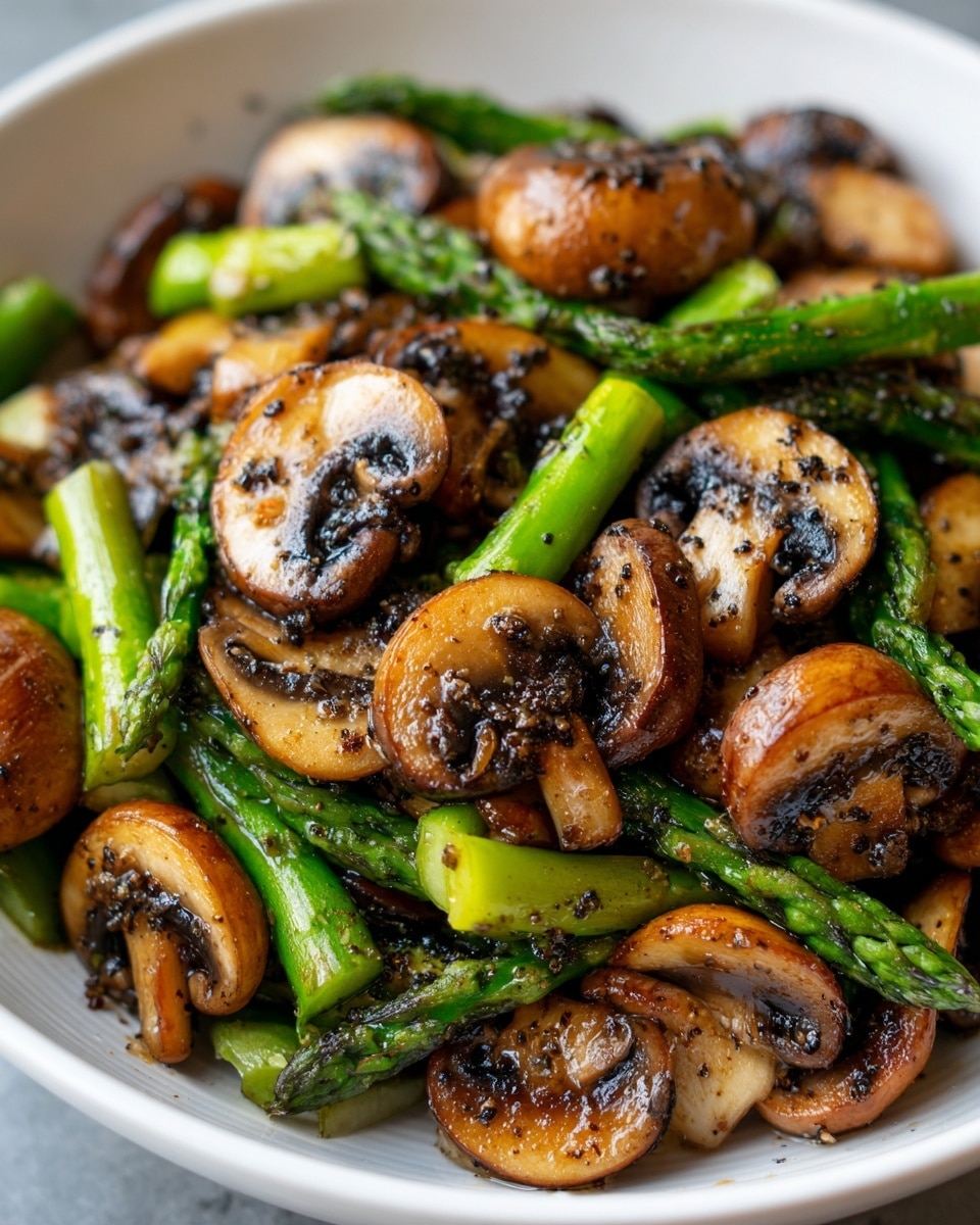 A white bowl filled with cooked asparagus and sliced mushrooms. The asparagus is bright green with a slight shine, and several stalks lie across and around the mushrooms. The mushrooms are sliced thick, light brown with dark edges, and look soft and juicy with a glossy surface. Both vegetables are seasoned with black pepper, visible as small dark specks on the surface. The background has a white marbled texture, adding a clean and fresh look. photo taken with an iphone --ar 4:5 --v 7