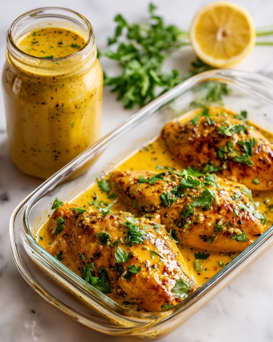 A clear glass baking dish contains three cooked chicken breasts covered in a golden yellow sauce with herbs and pepper specks. Fresh green parsley leaves are scattered on top, adding a touch of color. To the left, a glass jar filled with a similar golden sauce sits beside sprigs of fresh parsley. A lemon wedge rests on the top right corner of the white marbled surface underneath everything, tying the elements together in a fresh and light setting. photo taken with an iphone --ar 4:5 --v 7