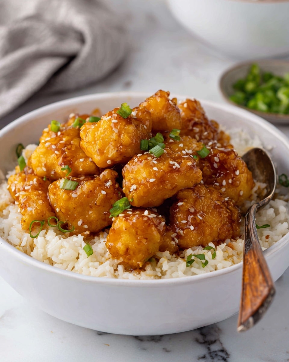 A white bowl filled with a base layer of fluffy white rice, topped with a thick layer of golden-brown chicken pieces covered in a shiny orange sauce. The chicken is sprinkled with small white sesame seeds and garnished with fresh, bright green chopped scallions scattered evenly over the top. A silver spoon with a wooden handle rests inside the bowl, partially submerged in the rice and chicken. The bowl sits on a white marbled surface, creating a clean and bright background. Photo taken with an iphone --ar 4:5 --v 7