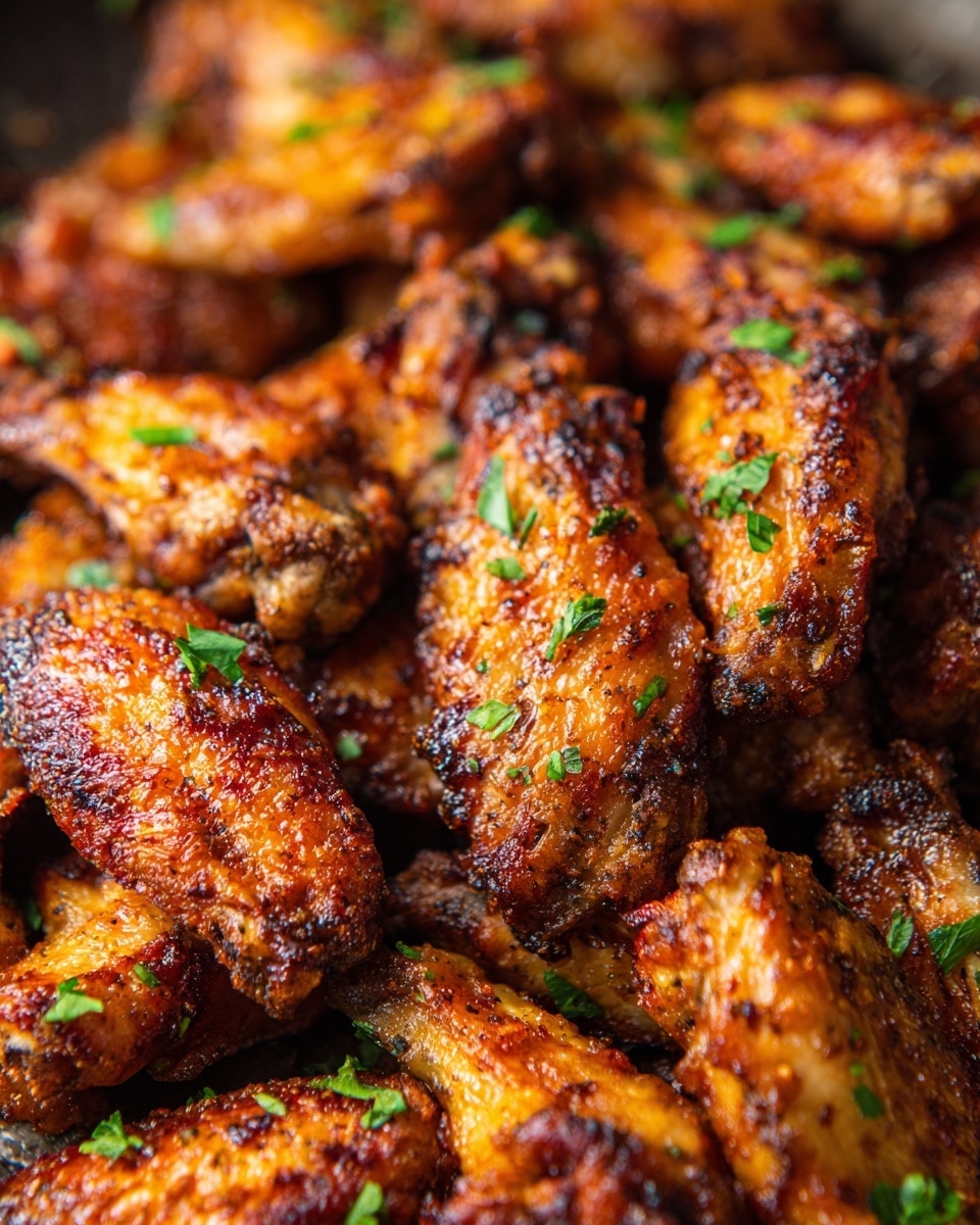 A close-up of a black pan filled with crispy fried chicken wings, each piece showing a crunchy golden-brown skin speckled with black pepper and herbs; the wings are scattered unevenly and garnished with small bright green parsley leaves for contrast, set on a white marbled surface. photo taken with an iphone --ar 4:5 --v 7