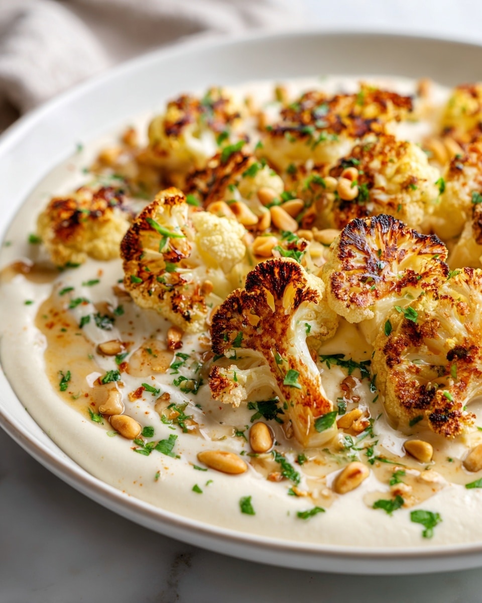 A white plate filled with a creamy, smooth white sauce as the base layer, topped with golden-brown roasted cauliflower florets that have a slightly charred texture. Drizzled over the cauliflower is a light beige sauce, with scattered light brown pine nuts and sprinkled small chopped green herbs. The dish is set on a white marbled surface, showing a close-up view that highlights the textures and colors clearly. photo taken with an iphone --ar 4:5 --v 7