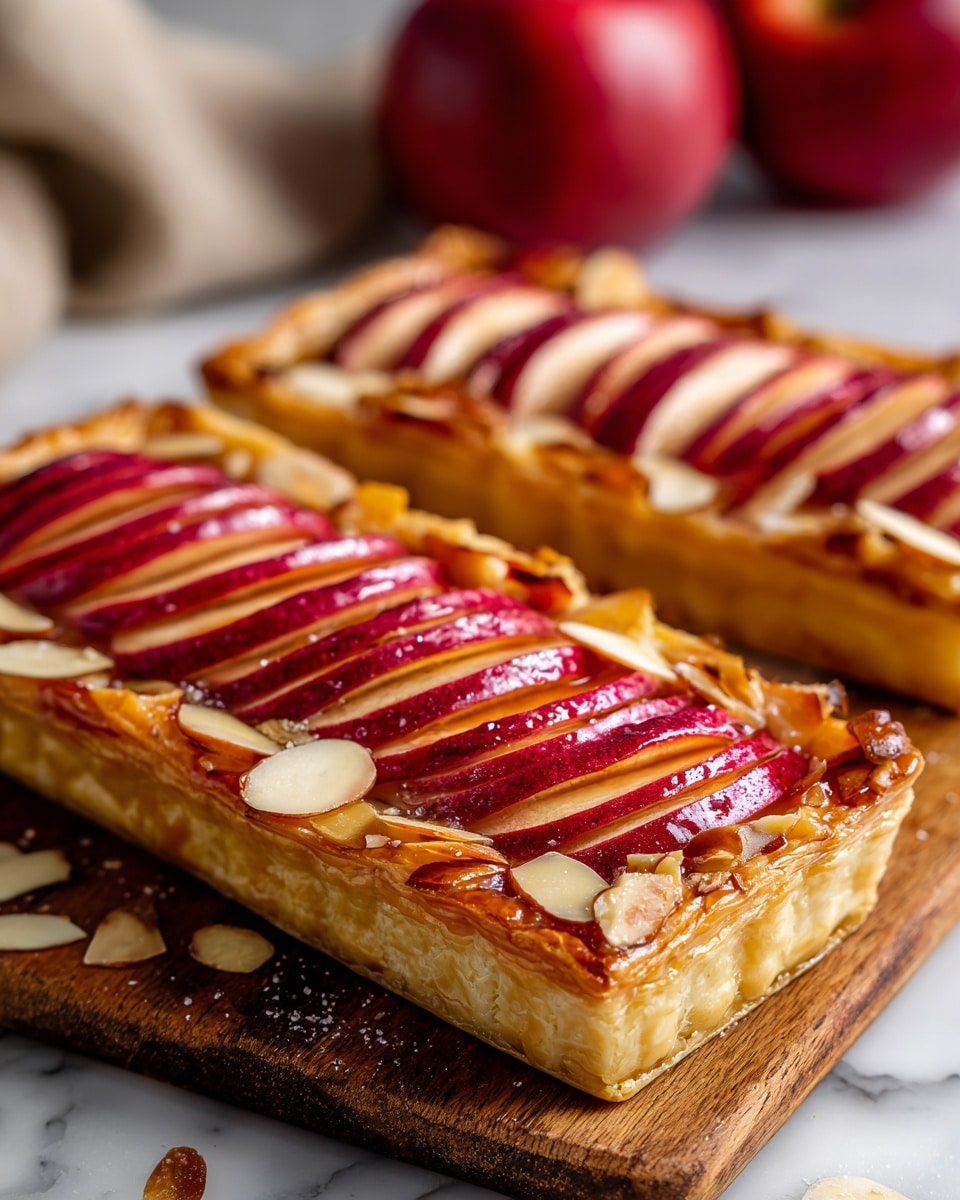 A close-up of two rectangular apple tarts placed on a wooden board over a white marbled texture. Each tart shows a layer of golden, flaky pastry topped with thin, glossy slices of red apple arranged in a slightly overlapping row. Around the edges of the pastry are scattered toasted almond flakes, adding texture and color contrast. The apple slices have a shiny glaze that makes them look juicy and fresh. In the background, there is a blurred red apple and a beige cloth visible. photo taken with an iphone --ar 4:5 --v 7