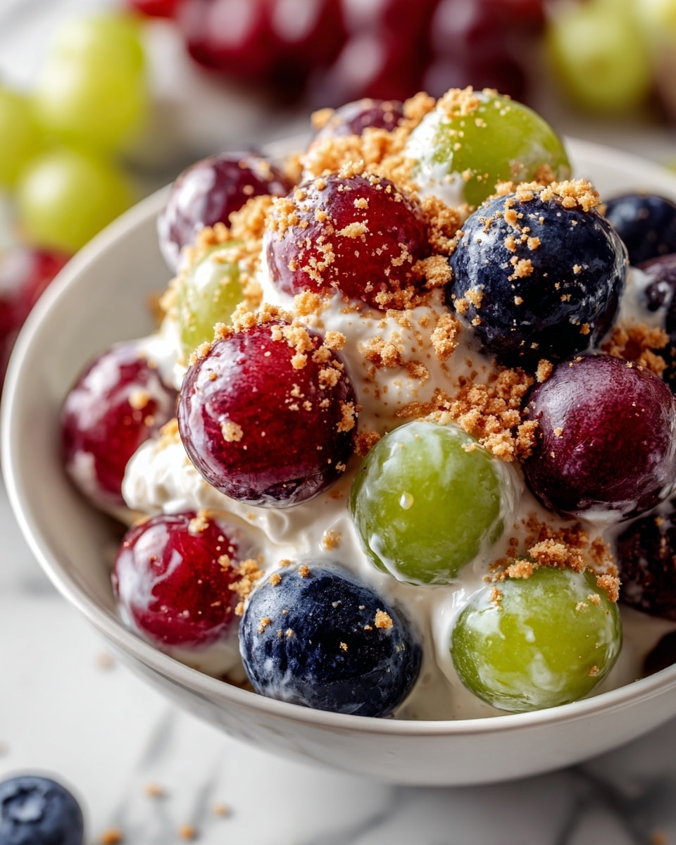 A close-up of a creamy fruit salad served in a white bowl with a decorative edge, featuring layers of round grapes in green, red, and dark blue colors, all coated in a thick white yogurt dressing; small brown nut pieces are sprinkled on top, adding texture contrast. The bowl is placed on a white marbled surface with out-of-focus grapes in the background, giving a fresh and colorful look. Photo taken with an iphone --ar 4:5 --v 7