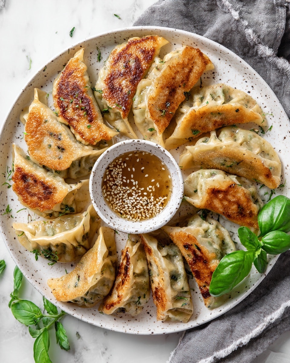 A white speckled round plate filled with about ten pan-fried dumplings arranged in a loose circle, each dumpling having a golden brown crispy bottom and soft, light beige top with a slightly translucent wrapper showing bits of green herbs inside. Scattered green onion pieces and sesame seeds garnish the dumplings. A small white speckled bowl of light brown dipping sauce, sprinkled with sesame seeds and herbs, sits nestled among the dumplings on the right side. A fresh green basil sprig rests on the left edge of the plate. The plate is placed on a gray cloth on a white marbled surface. Photo taken with an iphone --ar 4:5 --v 7