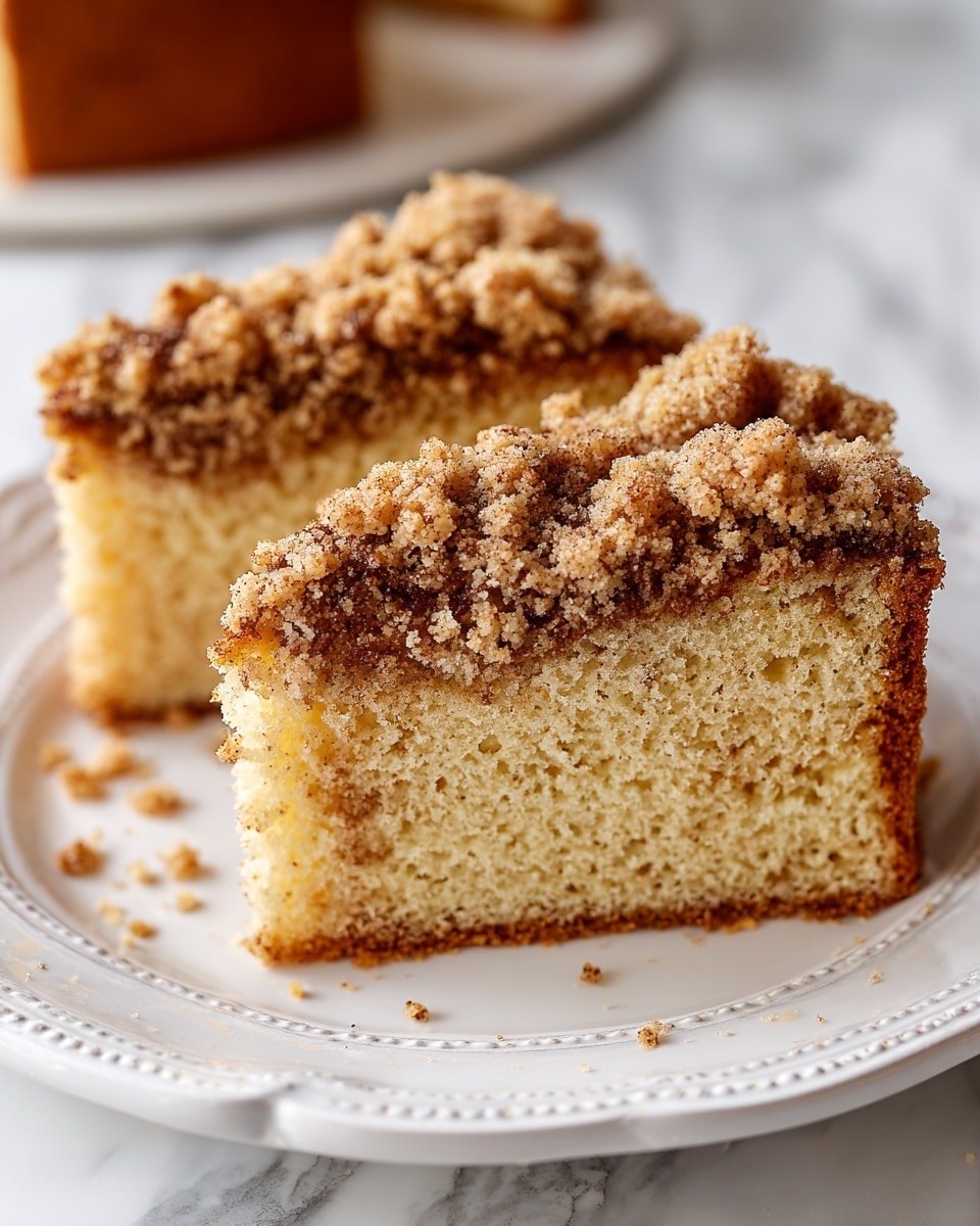 A close-up of slices of crumb cake showing two main layers: the bottom layer is a golden-brown soft cake with a slightly grainy texture, and the top layer is a thick, crumbly streusel topping made of small golden and light brown chunks, unevenly spread. The cake slices are placed on a white plate with subtle raised patterns visible at the edge and set on a white marbled surface. Small crumb bits are scattered around the cake slices, adding a rough texture contrast. Photo taken with an iphone --ar 4:5 --v 7