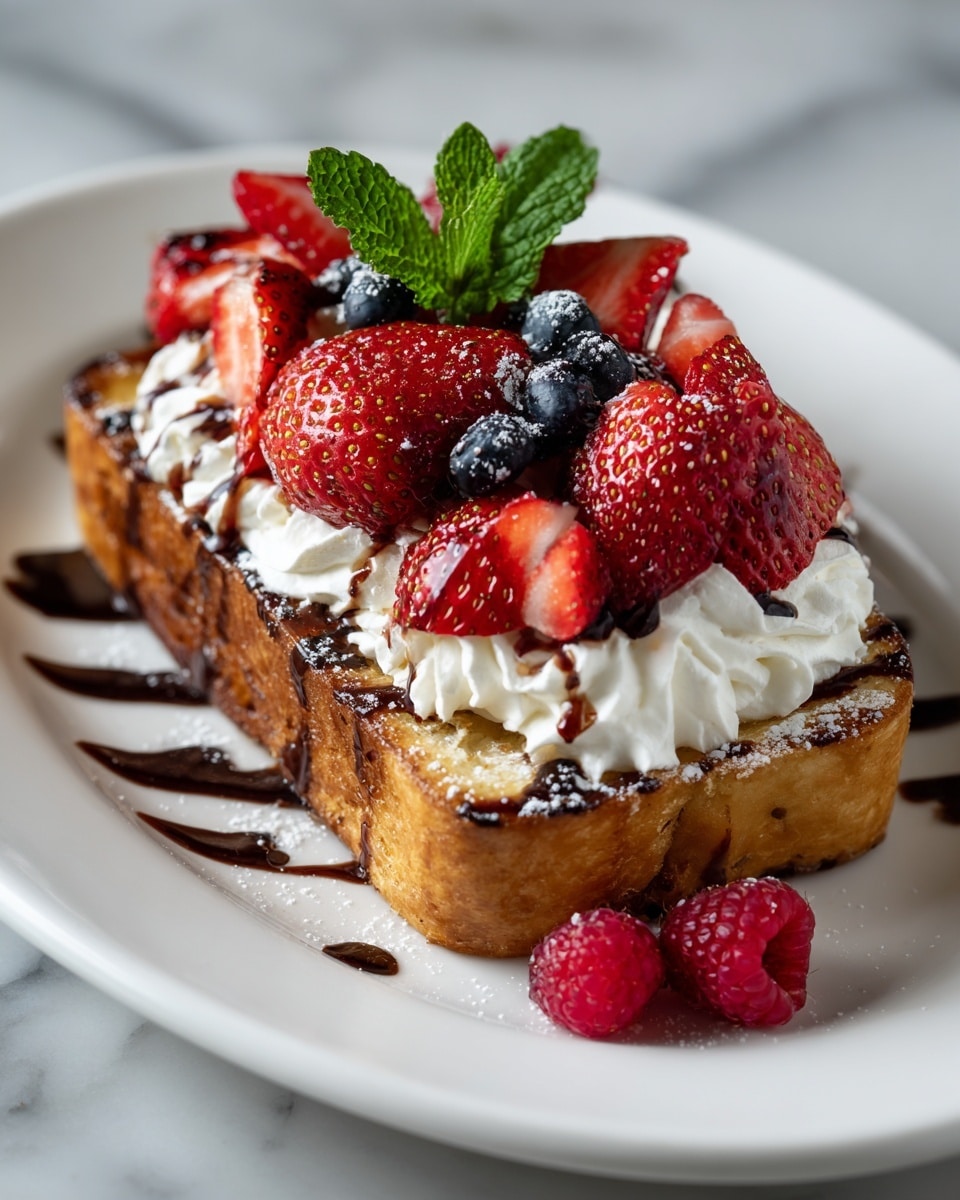 A thick slice of golden-brown toasted bread sits on a white plate, topped with a thick layer of white whipped cream. On top of the cream, there are several whole red strawberries, sliced red strawberries, and small dark blue blueberries arranged close together. Drizzled dark chocolate sauce runs down the sides of the bread and pools slightly on the plate below. Around the bread on the plate, there are a few whole bright red raspberries. A small fresh green mint leaf adds a pop of color among the berries. The surface beneath the plate is a white marbled texture. photo taken with an iphone --ar 4:5 --v 7