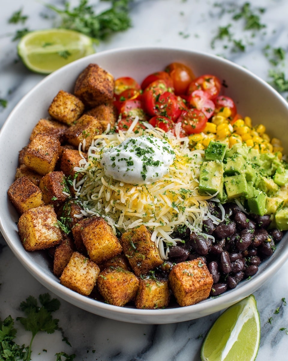 A round white bowl holds a layered colorful dish. The bottom layer is golden roasted potato cubes with a slightly crispy texture, filling half the bowl around the edge. Next to the potatoes, bright yellow corn kernels and chopped avocado pieces mix with halved red cherry tomatoes, forming a fresh vegetable section. Black beans fill a small section next to the vegetables, deep black in color. On top of the potatoes, finely shredded light yellow cheese is sprinkled, and in the center of the bowl, a dollop of white sour cream sits, garnished with chopped green cilantro. A quarter wedge of lime rests on the side, bright green and fresh. The bowl is placed on a wooden surface with scattered cilantro leaves and lime wedges nearby. Photo taken with an iphone --ar 4:5 --v 7