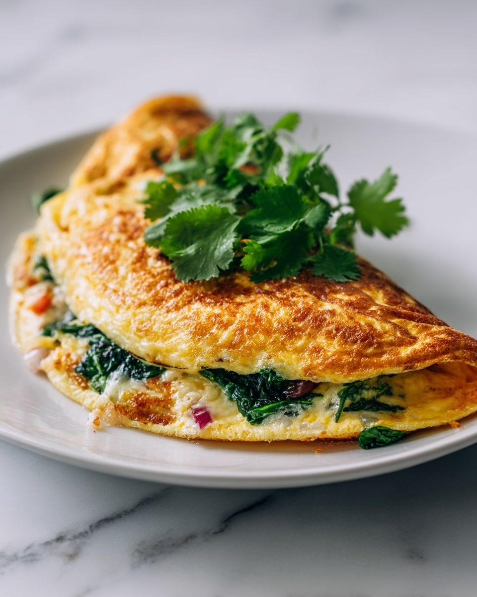 A folded omelette on a white plate set on a white marbled surface, showing two layers; the top layer is a slightly browned, golden-yellow cooked egg with a soft texture, garnished with a small pile of fresh green herbs in the center, while the bottom layer is slightly visible with melty orange cheddar cheese, sautéed dark green spinach, and small bits of purple onion spread evenly. The edges of the omelette are smooth with slight browning adding texture. photo taken with an iphone --ar 4:5 --v 7