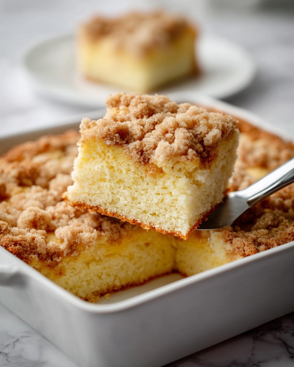 A close-up view of a crumb cake with two visible layers in a white ceramic baking dish. The bottom layer is soft, light yellow cake with a smooth texture, while the top layer consists of a thick, uneven, golden brown crumb topping made of small clumps and larger chunks, giving it a crumbly texture. One square piece is being lifted with a metal spatula, showing the distinct separation between the layers. In the background, a piece of the cake is placed on a white plate on a white marbled surface. Photo taken with an iphone --ar 4:5 --v 7
