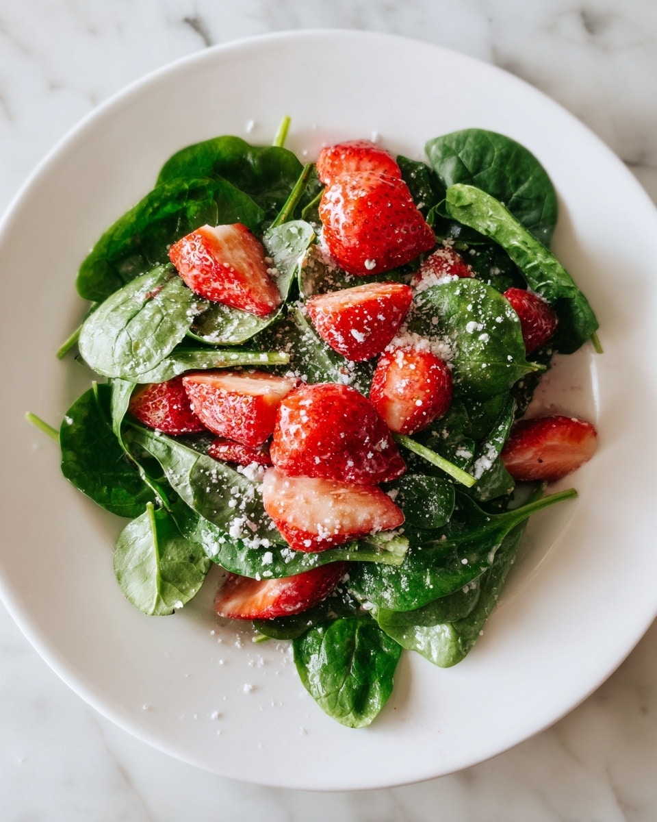 A white plate holds a fresh spinach and strawberry salad. The bottom layer is bright green spinach leaves with a smooth texture. On top, there are halved strawberries showing a bright red color with visible seeds. The salad is sprinkled lightly with a white powder, likely cheese or dressing. The plate sits on a white marbled surface. Photo taken with an iphone --ar 4:5 --v 7