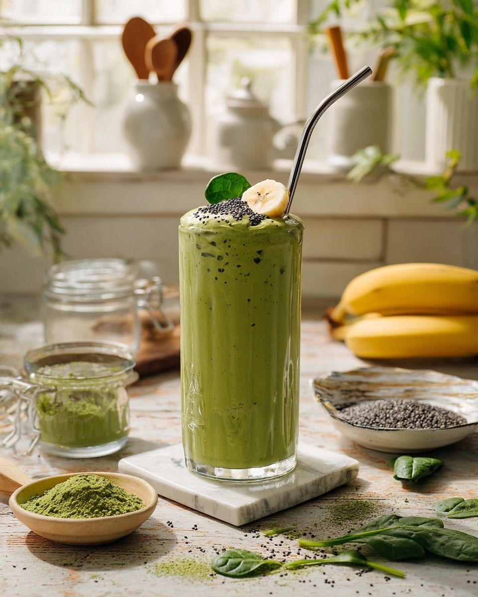 A tall clear glass filled with a thick, smooth green smoothie with tiny black chia seeds inside, topped with a dusting of green matcha powder, two dark green spinach leaves, a few fresh green mint leaves, and three slices of pale yellow banana sprinkled with black chia seeds on one side at the top; a metal straw is placed inside the glass. The glass stands on a small square white tile on a textured wooden table with some spinach leaves and matcha powder scattered around. Nearby, there is a matcha powder jar with the lid off, a silver spoon resting on the table, a white bowl filled with black chia seeds, a yellow banana, a glass of water, and a blender with green smoothie remnants. The background shows white ceramic jars and bowls with wooden spoons and a green plant, all set against a bright window and white marbled textured surface. photo taken with an iphone --ar 4:5 --v 7