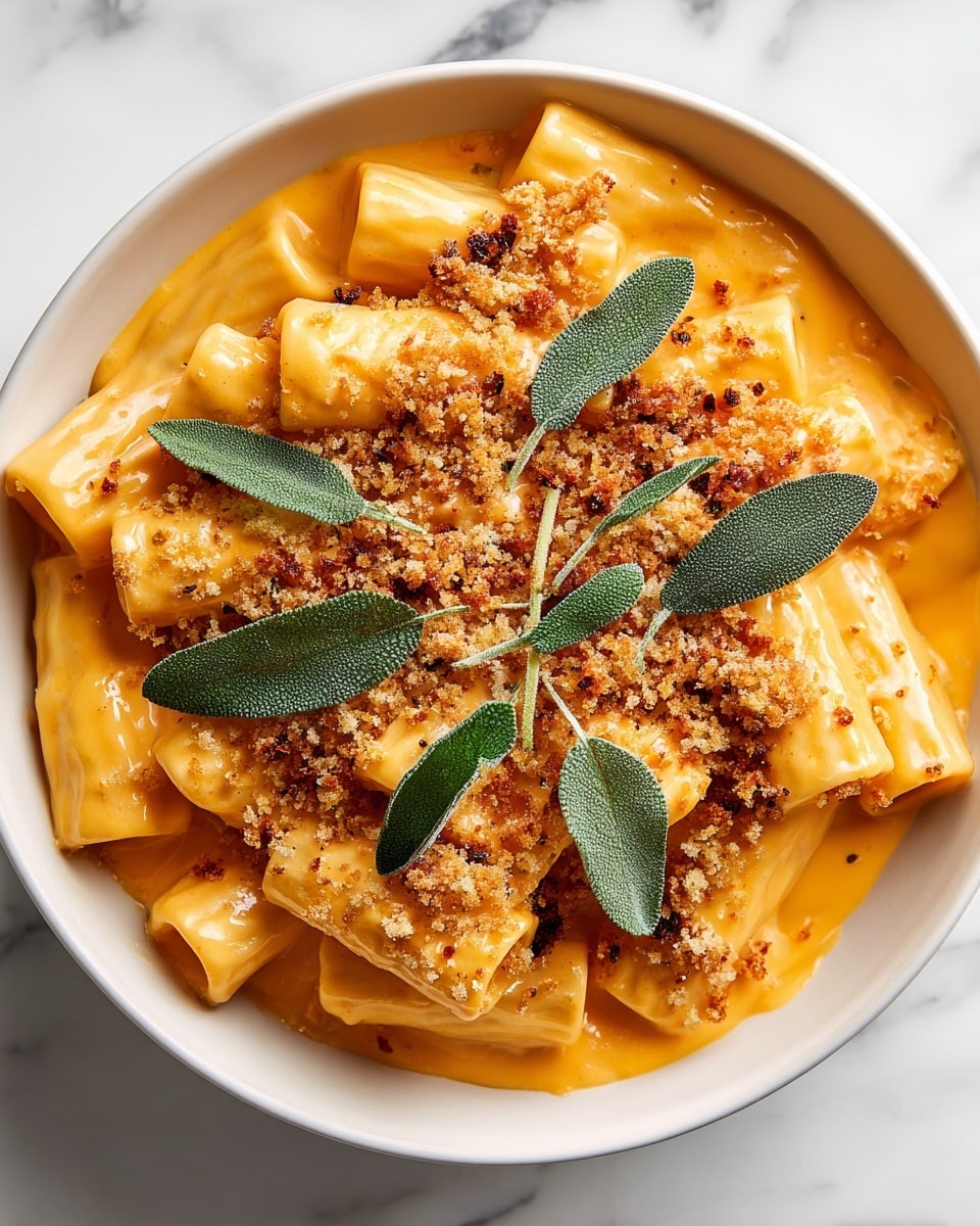 The image shows a white bowl filled with creamy rigatoni pasta coated in a thick, smooth orange cheese sauce. On top, there is a layer of golden-brown toasted breadcrumbs evenly spread, adding a crunchy texture. Scattered over the breadcrumbs are fresh, whole sage leaves with a deep green color and a soft, velvety texture. The bowl sits on a white marbled surface, giving the scene a clean and bright look. photo taken with an iphone --ar 4:5 --v 7