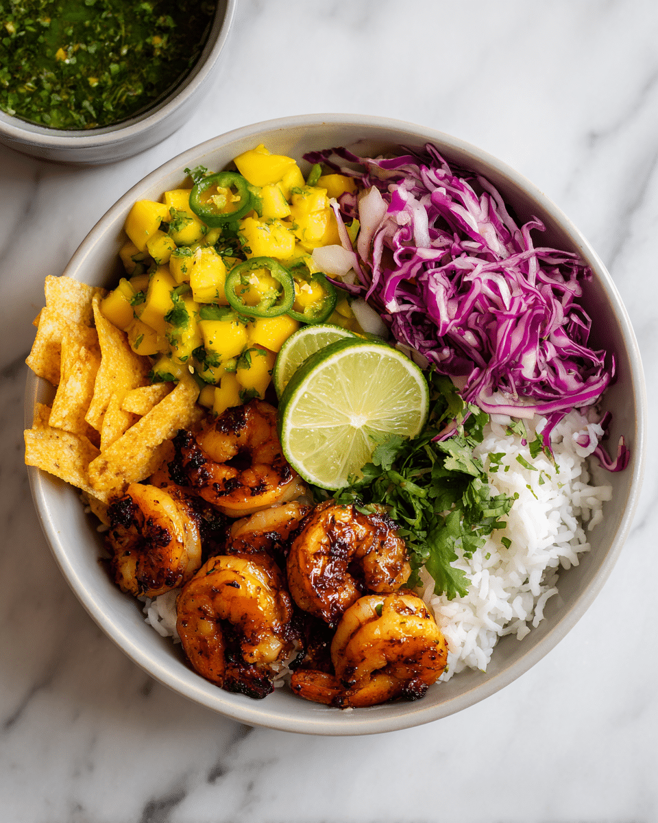 A bowl filled with a colorful shrimp dish is placed on a white marbled surface, with a bowl of green sauce in the background. The bowl contains four main layers: on one side, golden-brown crispy chips stand upright; next to them is a bright yellow mango salsa with green jalapeño slices, red onion pieces, and fresh green cilantro, topped with a lime wedge. In the center, there is a row of glazed, cooked shrimp with a shiny, slightly charred surface and hints of cilantro over them. On the opposite side, two layers of shredded cabbage—purple and pale green—are placed along with a few lime wedges. Below the shrimp and cabbage is a base of fluffy white rice. Photo taken with an iphone --ar 4:5 --v 7