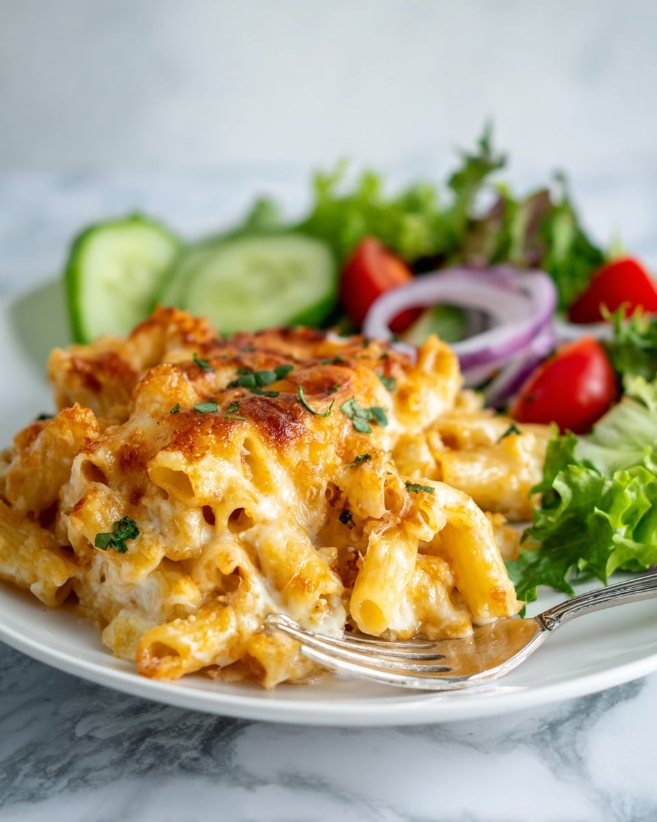 A white round plate on a white marbled surface holds a serving of baked pasta topped with melted cheese and sprinkled with small green herbs. The pasta is creamy and golden, with tubular noodles coated in a rich sauce. On the right side of the plate, a fresh salad sits with bright green lettuce leaves, thick slices of cucumber, cherry tomato halves with bright red color, and thin rings of purple onion scattered over the top. A silver fork peeks out from under the pasta near the bottom edge. The image is bright with soft natural light, showing every detail clearly. photo taken with an iphone --ar 4:5 --v 7