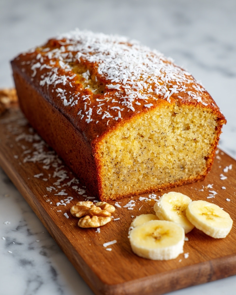 The image shows a loaf of banana bread with a golden brown top and a moist, light brown inside filled with small banana bits. The bread is on a wooden board, with some walnut halves and sliced banana pieces placed next to it. The top of the bread is lightly sprinkled with white shredded coconut, adding texture. The wooden board and the white marbled background create a warm and cozy setting. photo taken with an iphone --ar 4:5 --v 7