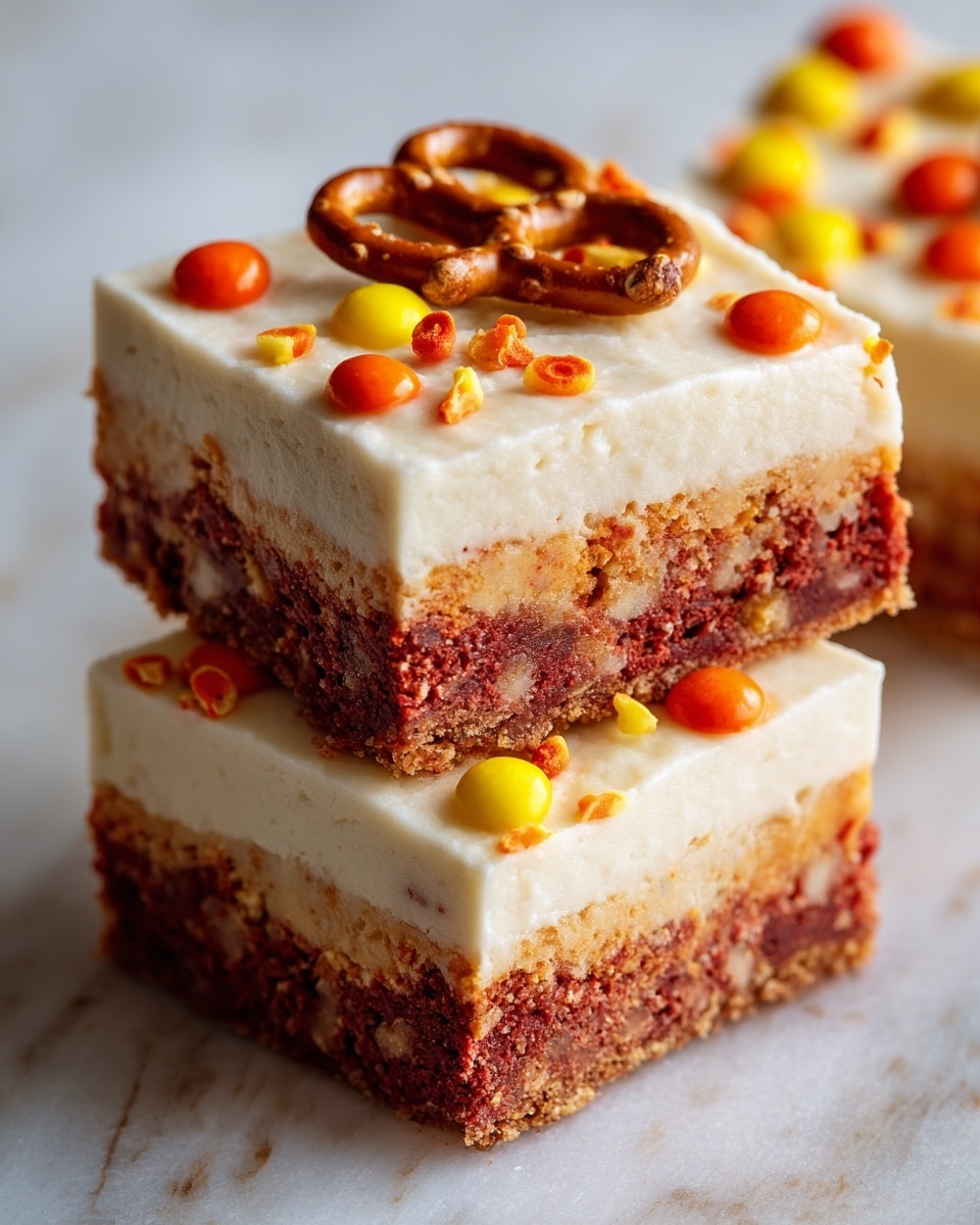 The image shows two square dessert bars stacked on a white marbled surface. Each bar has three visible layers: the bottom and middle layers are a crisp, reddish-brown mixture with small bits throughout, giving a crunchy texture. The top layer is a thick, creamy white frosting with smooth texture, decorated with small colorful candy pieces in yellow, orange, and red scattered across. A small pretzel sits on top of the upper bar, adding a crunchy element. The close-up view shows the contrast between the creamy top and the crunchy base clearly. Photo taken with an iphone --ar 4:5 --v 7