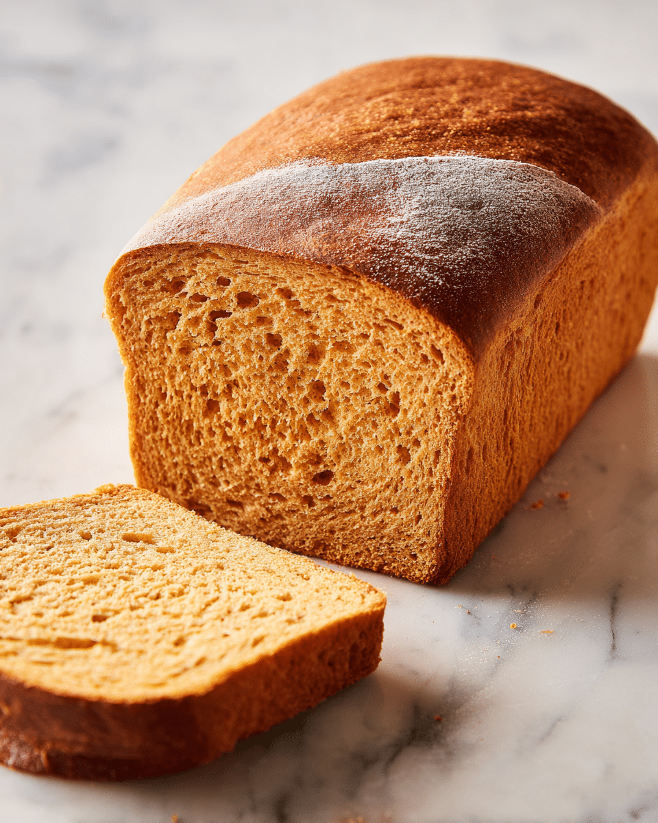 A loaf of golden-brown bread is placed on a white marbled surface, with one thick slice cut and lying flat in front of it. The bread has a slightly cracked, textured crust on top and a soft, dense crumb inside that is warm orange-brown in color. The slice shows a moist and even crumb structure with small holes spread throughout. The loaf is rectangular with rounded edges and appears fresh and inviting. Photo taken with an iphone --ar 4:5 --v 7