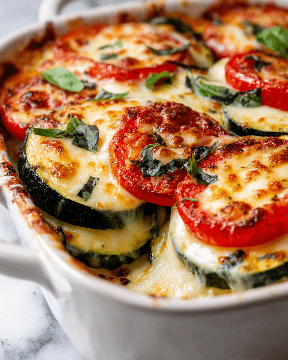 A close-up view of a white ceramic baking dish filled with a vegetable casserole. The dish has several layers: the bottom layer is dark green slices of cooked zucchini, topped with bright red slices of tomato, each tomato slice covered with melted, bubbly mozzarella cheese that has golden brown spots. Between the tomato and cheese layers, there are visible fresh green basil leaves scattered evenly. The cheese stretches slightly where it melts over the edges of the vegetables, showing a creamy texture. The dish rests on a white marbled surface. photo taken with an iphone --ar 4:5 --v 7