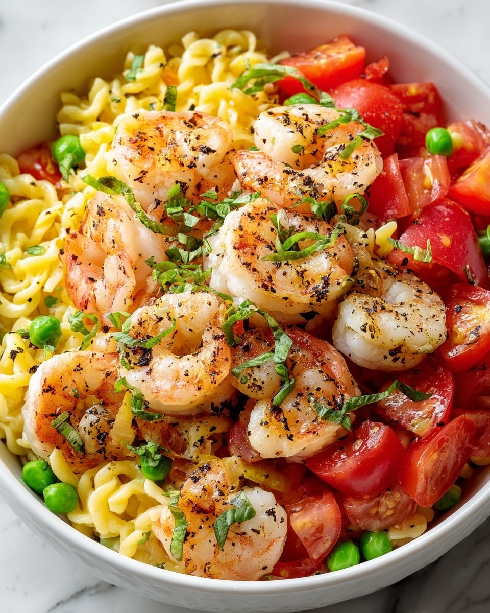 A white bowl filled with a colorful pasta salad set against a white marbled texture, featuring three main layers: at the bottom, yellow and orange curly pasta shapes with a slightly glossy texture; in the middle, bright green peas and chopped leafy herbs scattered evenly; on top, several plump, seasoned shrimp with a light pink and white color, dotted with black pepper, accompanied by chunks of red and yellow bell peppers, giving the dish a fresh and vibrant look. photo taken with an iphone --ar 4:5 --v 7